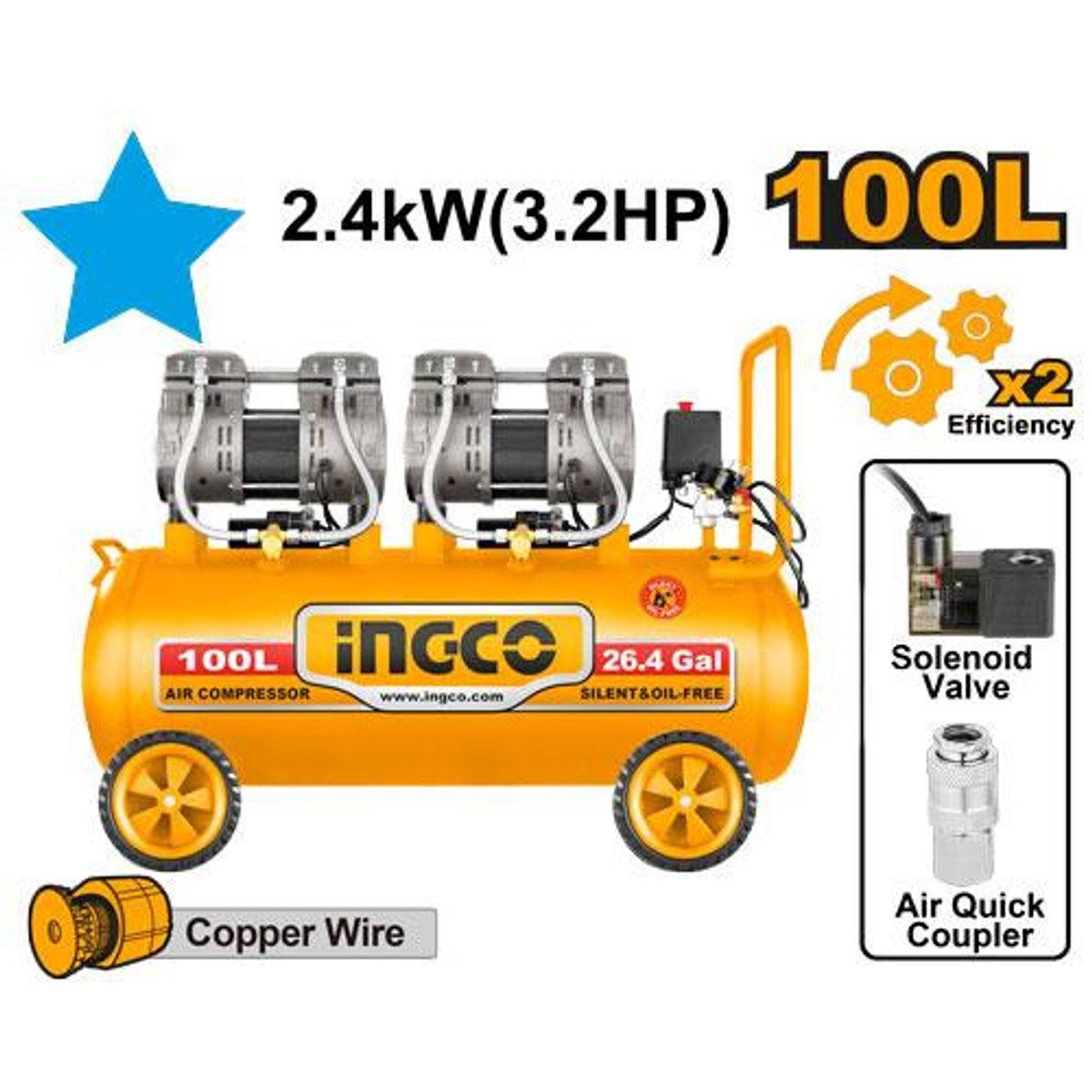 Compresseur Silencieux 100L 2*1200W 3.2Hp Ref:acs2241001 Ingco 1 Compresseur Silencieux 100L 2*1200W 3.2Hp Ref:acs2241001 Ingco Ingco Maroc