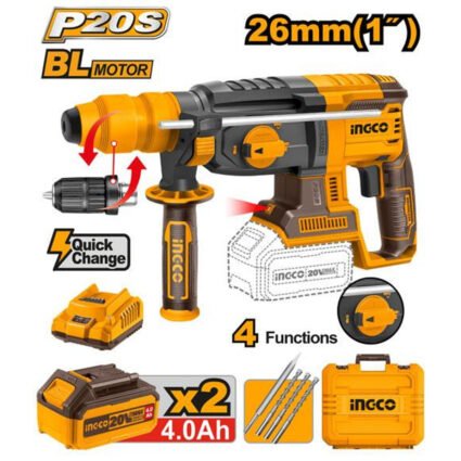 MARTEAU PERFORATEUR 26mm 20V +2 BATTERIE 4AH MANDRIN SANS CLE REF:CRHLI202289 INGCO INGCO Maroc