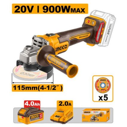 MEULEUSE SANS FIL BRUSHLESS 20V 115MM 900W 1BATTERIE 4AH+5DISQUE REF:CAGLI261521 INGCO INGCO Maroc