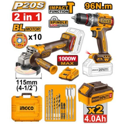 PACK 2 MACHINE MEULEUSE /VISSEUSSEUSE 20 V +10ACCESSOIRES REF:COSLI241298 INGCO INGCO Maroc