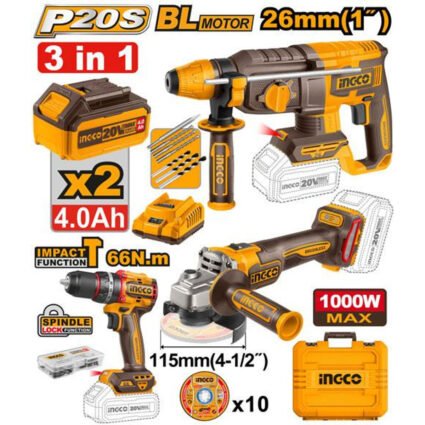PACK DE 2 MACHINES :MEULEUSE 115mm 1000V +VISSEUSE 96NM 20V +10 ACCESSOIRES REF:COSLI241198 INGCO INGCO INGCO Maroc