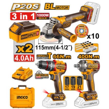 PACK DE 3 MACHINE: MEULEUSE 115mm 1000W + BOULONNEUSE 400mm +VISSEUSE 66NM, AVEC 2 BATTERIE 2AH/4AH REF: COSLI241291 INGCO INGCO Maroc