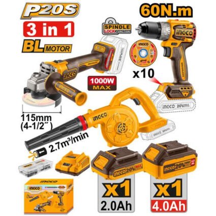 PACK DE 3 MACHINE: MEULEUSE 115mm 1000W+ SOUFLEUR+VISSEUSE 60NM, AVEC 2 BATTERIE 2AH/4AH REF: COSLI241192 INGCO INGCO Maroc