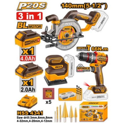 PACK DE 3 MACHINE: PONCEUSE + SCIE CIRCULAIRE 140mm +VISSEUSE 66NM, AVEC 2 BATTERIE 2AH/4AH REF: COSLI241193 INGCO INGCO Maroc
