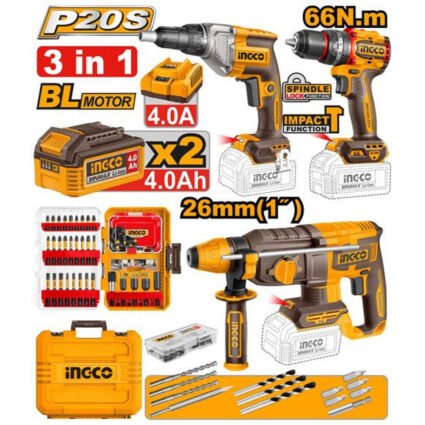 PACK DE 3 MACHINES : PERCEUSE -VISSEUSE 66nm +VISSEUSE POUR CLOISONS+MARTEAU 26mm+ (2 BATTERIE 4AH+1 CHARGEUR 4AH + PACK DES FORETS ET EMBOUTS REF:COSLI250591 INGCO -C- INGCO Maroc