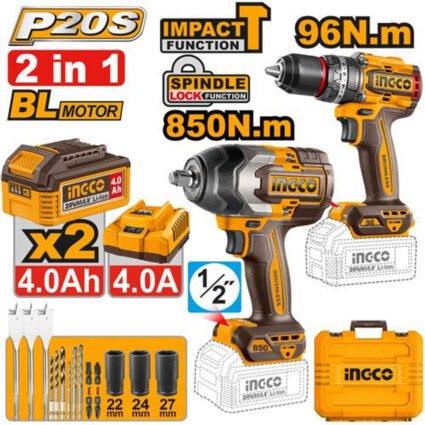 PACK VISSEUSE 96N.m + BOULONNEUSE 850N.m 20V 4.0AH / 2BAT REF:COSLI250586 INGCO -C- INGCO Maroc